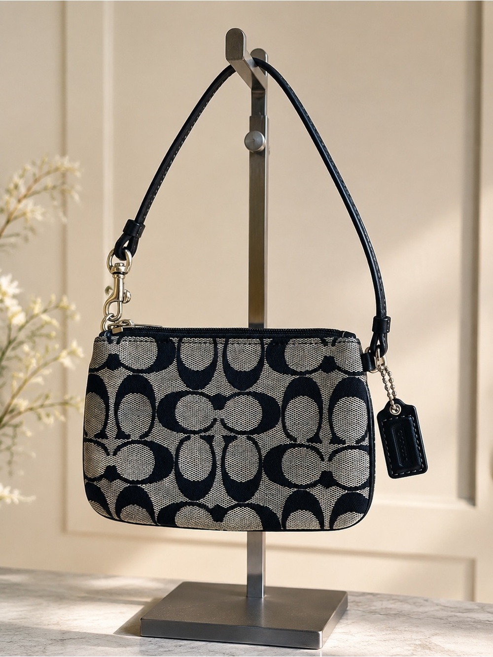 Coach Signature C Jacquard Wristlet Black Gray Leather Trim Y2K